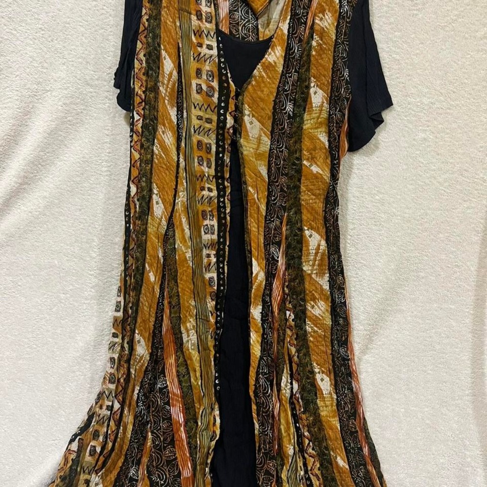 Vintage orange black and brown boho maxi dress Diana Marco Made in USA